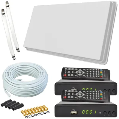 Produktbild von Selfsat H30D2+ Flachantenne Twin + 2 HD RECEIVER + 20m Kabel + Fensterhalterung + 2 Fensterdurchführung + 8 F-Stecker + 4 Wetterschutztüllen (Full HD 4K UHD Sat Anlage für 2 Teilnehmer)