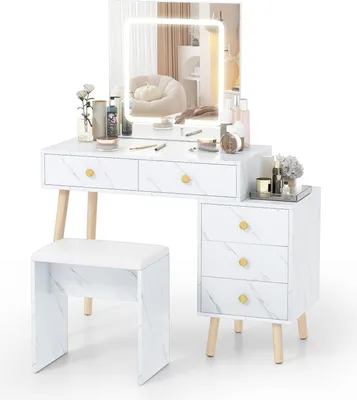 A white marble-look vanity set with an LED mirror and stool, on a white background.