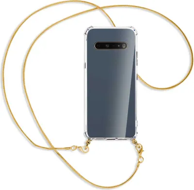 Produktbild von Handykette Backcover-Schutzhülle mit Band (Metall goldfarben) für LG V60 ThinQ - goldfarbene Kette Snake