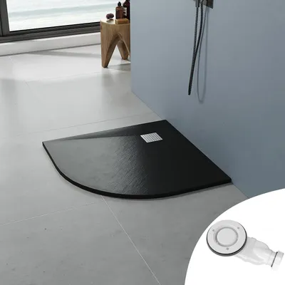 Produktbild von AQUABATOS SMC Duschwannen für badezimmer antirutsch, schieferoptik duschtasse fächerförmig, modern-design brausewanne schwarz extra-flach 90cm mit Abdeckung Siphon/Ablaufgarnitur