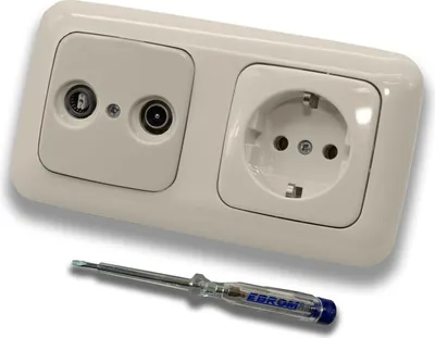 Produktbild von Busch Jäger SET: 2-Loch Durchgangsdose, Frequenzbereich 5-2400 MHz, Radio/TV/SAT-Kompatibilität inkl DURO2000 cremeweiß 2fach Rahmen + Steckdose 20 EUC-212 + EBROM Phasenprüfer zur Montage der Geräte