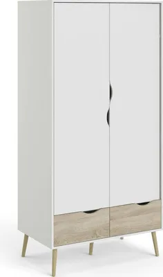 Produktbild von Zweitüriger Kleiderschrank mit zwei Schubladen, Farbe Weiß und Eiche, 98 x 200 x 58 cm