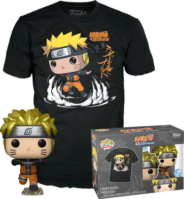 A black t-shirt with a Naruto Uzumaki graphic print and a Funko Pop! Naruto Uzumaki figure with its packaging.