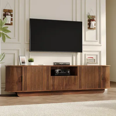 Produktbild von okwish  TV Schrank mit Schublade und Schiebetüren, TV-Lowboard mit offenen Fächern,3D-Wellenfront,180×40×50 cm, Nussbaum
