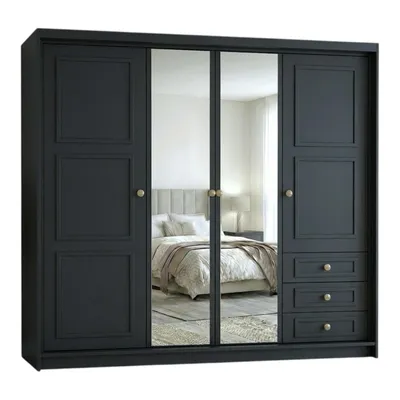 Produktbild von Geräumiger viertüriger Kleiderschrank OSLO mit Schubladen und Metallgriffen – modernes Design Farbe: Schwarz