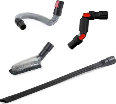 A collection of vacuum cleaner attachments arranged on a white background.
