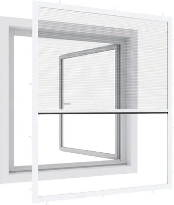 A white pleated window screen is shown in front of a window frame.