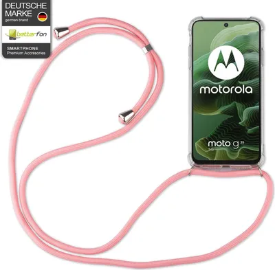 A pink phone case with a lanyard attached to a Motorola Moto G35 phone, displayed against a white background.