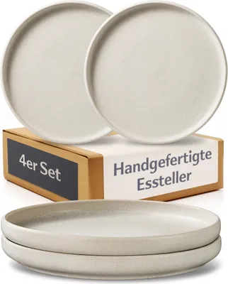 Productafbeelding van Cosumy set van 4 serviesborden van steengoed, diameter 26 cm – Handgemaakte witte borden – Elegante serviesset voor 4 personen – Geschikt voor magnetron en vaatwasser