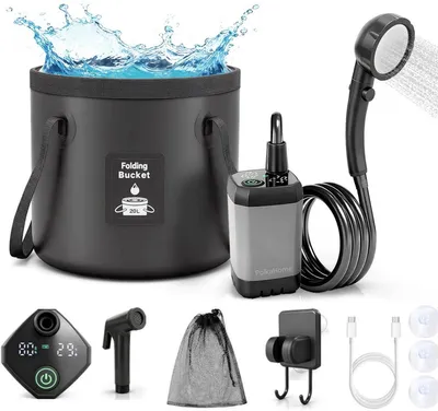 Productafbeelding van PolkaHome camping douche oplaadbaar met 20L Opvouwbare Emmer & Bidetopzetstuk – Draagbare Oplaadbare Campingdouche, 6000 mAh Accu