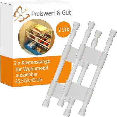 Produktbild von 2 x Klemmstange für Wohnmobil und Küche – Ausziehbar 25,5 bis 43 cm, Doppelstange aus Kunststoff & Stahl, sichert Geschirr