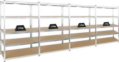 Produktbild von Mega Deal | 4x Schwerlastregal Ragnar | HxBxT 180x120x60cm | 5 MDF-Platten-Ebenen | Fachlast 175kg | Verzinkt