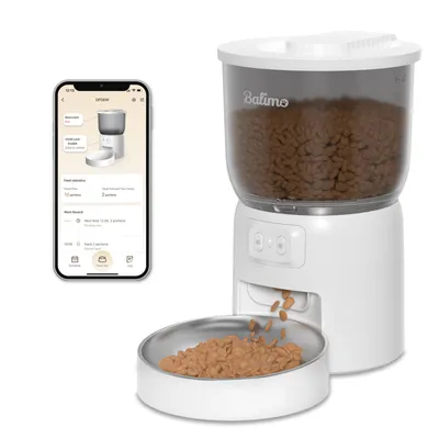 Produktbild von Automatischer Futterautomat mit App-Steuerung, Hygiensicher Edelstahl-Napf, Schiebelock Katzenfutterspender, Hund Futterautomat, WiFi, Weiß