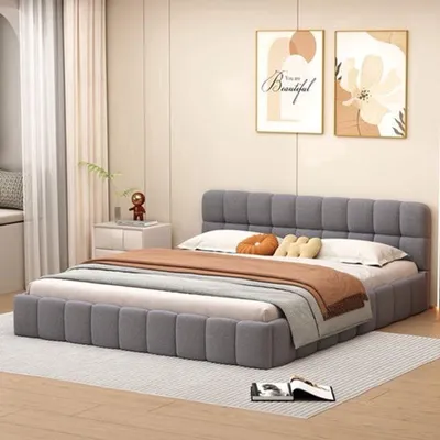 Obrázek produktu pro Postel s čalouněnou čabrací, tmavě šedá, rozměry 160x200 cm, potažená lněnou tkaninou, s úložným prostorem a čelem postele