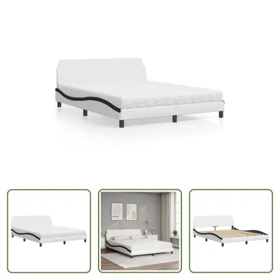 Produktbild von The Living Store Bett mit Matratze Weiß und Schwarz 160x200 cm Kunstleder