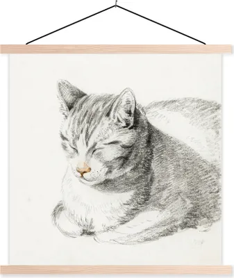 Produktbild von MuchoWow® Textilposter Liegende Katze, schräg nach vorne geneigt - Gemälde von Jean Bernard 40x40 cm mit holzfarbenen Rahmen - Posterleiste
