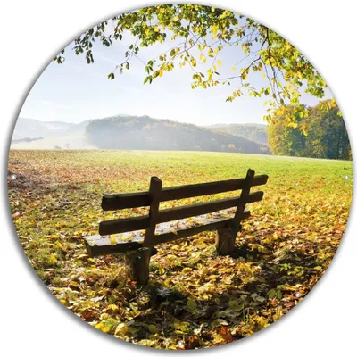 Produktbild von Wallario rundes Outdoor-Poster für Garten oder Balkon, Motiv Idyllische Holzbank in den Bergen, 60 cm Durchmesser