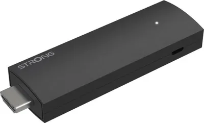 A black HDMI streaming stick with the brand name 'STRONG' printed on it.