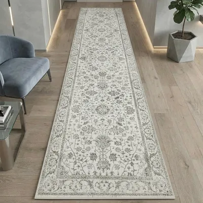 Obrázok produktu pre Orientálny koberec s rastlinnými motívmi a ornamentmi v krémovej farbe – rozmery 80 x 300 cm
