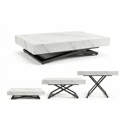 Image de Table Basse Relevable et Extensible SANDI 120x80/200 cm – Table Basse avec Réglage de Hauteur – Table de Salon Style Loft - Chêne Marbre Blanc/Blanc