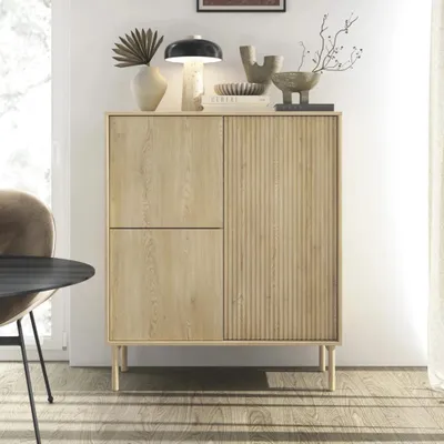 Produktbild von Highboard TAVO 104 cm eiche cremona riffeloptik push-to-open kommode holzfüße