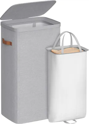 Imagen del producto de Cesta de ropa con tapa - 100 litros - Con asas metálicas y bolsa interior extraíble - 41,9 x 32 x 74,9 cm - Gris