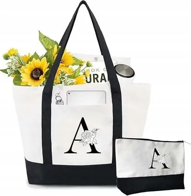 Zdjęcie produktu dla Torba shopper płócienna z literą A + kosmetyczka 38x53 cm czarno-biała