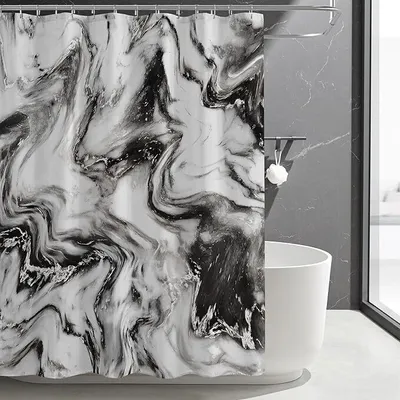 Produktbild von Duschvorhang in Schwarz-Weiß, moderner Marmor-Look, wasserdicht, mit Haken, ideal für stilvolle Badezimmer, Größe 72 x 72 Zoll.