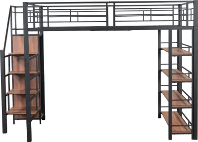 Produktbild von Hochbett, 140x200 cm, Metallbett mit Lattenrost, Regal, Treppe und Rausfallschutz, Kinderbett, Jugendbett