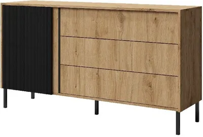 Produktbild von Kommode 3 MIA 145 cm mit geriffelte Fronte mit Schubladen und Türen Sideboard Metallbeine Ewige Eiche / Schwarz