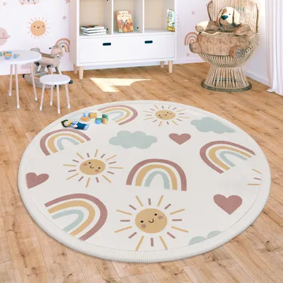 Produktbild von Paco Home Teppich Kinderzimmer Spielmatte Weich Waschbar Rutschfest Regenbogen Sonne Wolke 120 cm rund