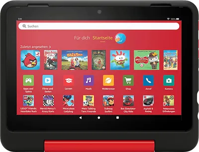 A tablet displaying a colorful home screen with various app icons and content.
