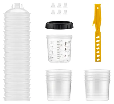Productafbeelding van Wiltec mengbekersysteem 600 ml, 50 filters van 125 μm, set mengbekers met deksels, binnenbekers en meetbeker, mengbekers voor autolak