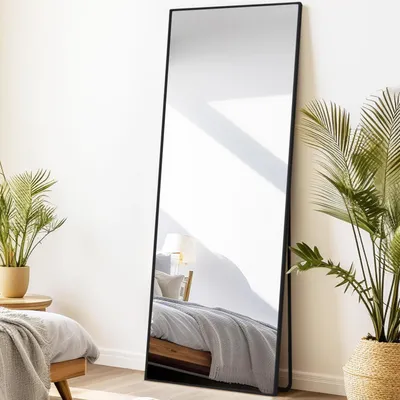 Image de Miroir mural pleine longueur, dimensions 161 x 52 cm, couleur noire, en alliage d'aluminium