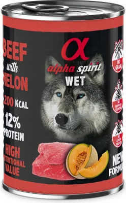 Image de Alpha Spirit Beef & Melon - nourriture humide sans céréales pour toutes les races de chiens avec du bœuf et du melon, 12 boîtes à 400g