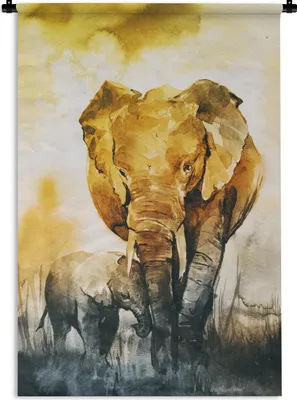 Produktbild von MuchoWow® Wandteppich Wandbehang Elefant - Kind - Aquarell 90x135 cm Tapisserie Dekoration Wandtuch - Baumwolle - Wandskulptur