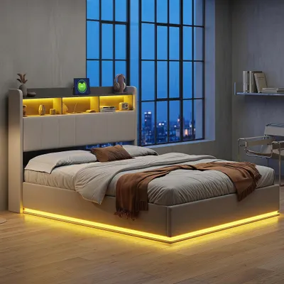 Immagine prodotto di Letto imbottito INONEFT, modello idraulico, dimensioni 140x200 cm, con stazione di ricarica (USB e Type-C), letto per ragazzi con illuminazione LED, letto contenitore a molle, rivestito in velluto, colore beige