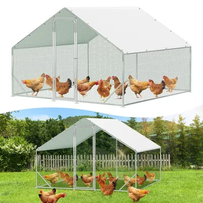 Immagine prodotto di Recinto per polli Ikodm, dimensioni 3 x 3 x 2 metri, 9 metri quadrati, tetto a spiovente, tubi zincati da 25 mm, rete metallica in PVC verde e telo di copertura in polietilene bianco con protezione UV