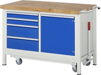 Produktbild von Mobile absenkbare Werkbank mit Schrank, 4 Schubladen - Teilauszug - 90:2 / 180:2 - 880 x 1.250 x 700 mm (HxBxT) - Traglast 1.250 kg - Buche