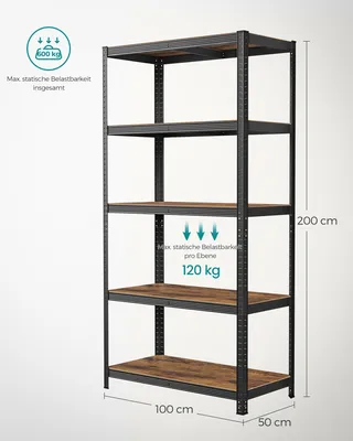 A tall, black metal shelving unit with wooden shelves against a light gray background.