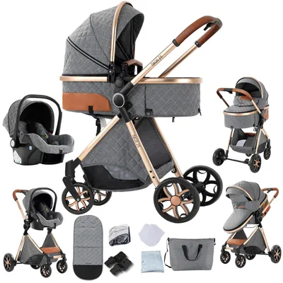 Produktbild von 3-in-1 Kinderwagen - Kombikinderwagen mit Babywanne und Autositz - Faltbar - Wendeeinheit - Verstellbare Rückenlehne - Geländereifen mit Federung - Belastbar bis 20 kg - Grau