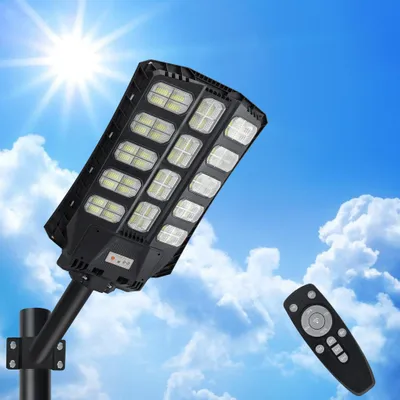 Image de Lampadaire solaire JOIEYOU 400 W avec télécommande et détecteur de mouvement, lampe solaire, lampadaire de 1056 LED, IP65, lampadaire solaire d'extérieur, lumière blanche froide