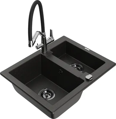 Produktbild von Mexen Carlos 1,5-Becken-Granitspüle mit Mischbatterie Duo, Schwarz/Gold metallisch - 6518-75-671701-07-B