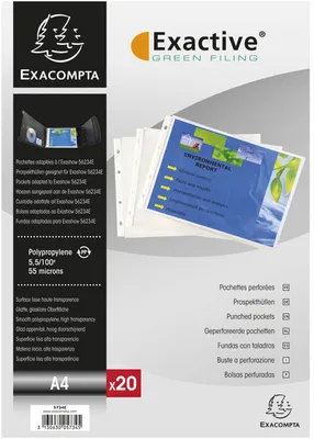 Produktbild von Exacompta 5734E 20er Pack PP-Kunststoff Prospekthüllen Standard. Für DIN A4 Quer transparent glasklar oben offen Klarsichtfolie Plastikhülle Klarsichthülle ideal für Ordner Ringbücher und Hefter