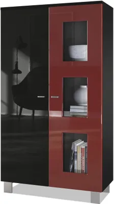 A modern vitrine cabinet with a black matte and high-gloss finish, accented with bordeaux high-gloss doors and glass inserts. The cabinet is shown in a dimly lit room with a chair and lamp in the background.
