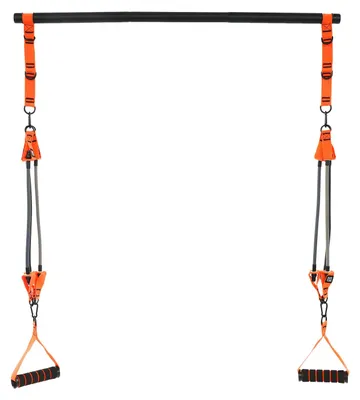 Immagine prodotto di Palestra domestica multifunzionale - Set di elastici di resistenza - Allenamento muscolare per schiena, braccia, gambe e addominali - 3 livelli di resistenza, da 16 a 25 kg - Materiali: acciaio, nylon, neoprene - Colore: arancione