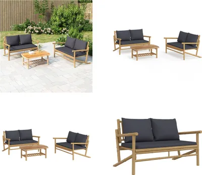 Produktbild von vidaXL 3 tlg. Garten Lounge Set mit Dunkelgrauen Kissen Bambus - Garten Lounge Set - Garten Lounge Sets - Lounge Set - Gartenmöbel Set