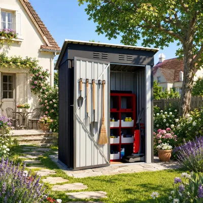 Produktbild von Geräteschuppen Gartenhaus Gerätehaus Metall Lagerschuppen XL Fundament mit Pultdach 1m³ Schwarz