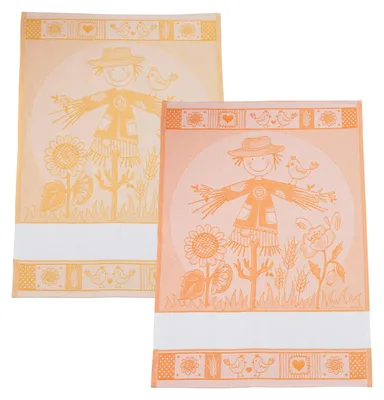2 Jacquard-Küchentücher mit Aida-Stoff, Vogelscheuche, Orange/Gelb