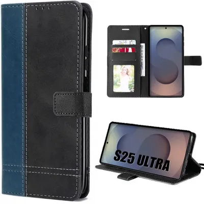 Image de Coque pour Samsung Galaxy S25 Ultra, Protection Anti-Rayures Effet Cuir Bicolore Bleu Marine